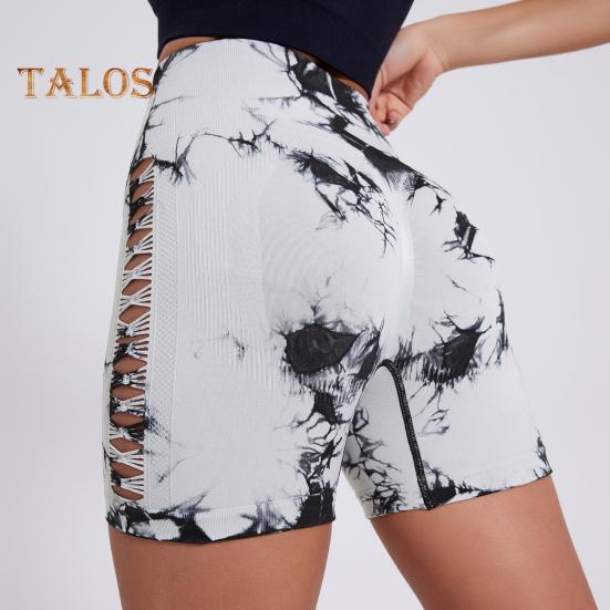 Short de yoga coupe slim haute élasticité contrôle du ventre sans couture séchage rapide tie-dye ajouré anti-exposition fesses relevées taille haute douce jogging course à pied