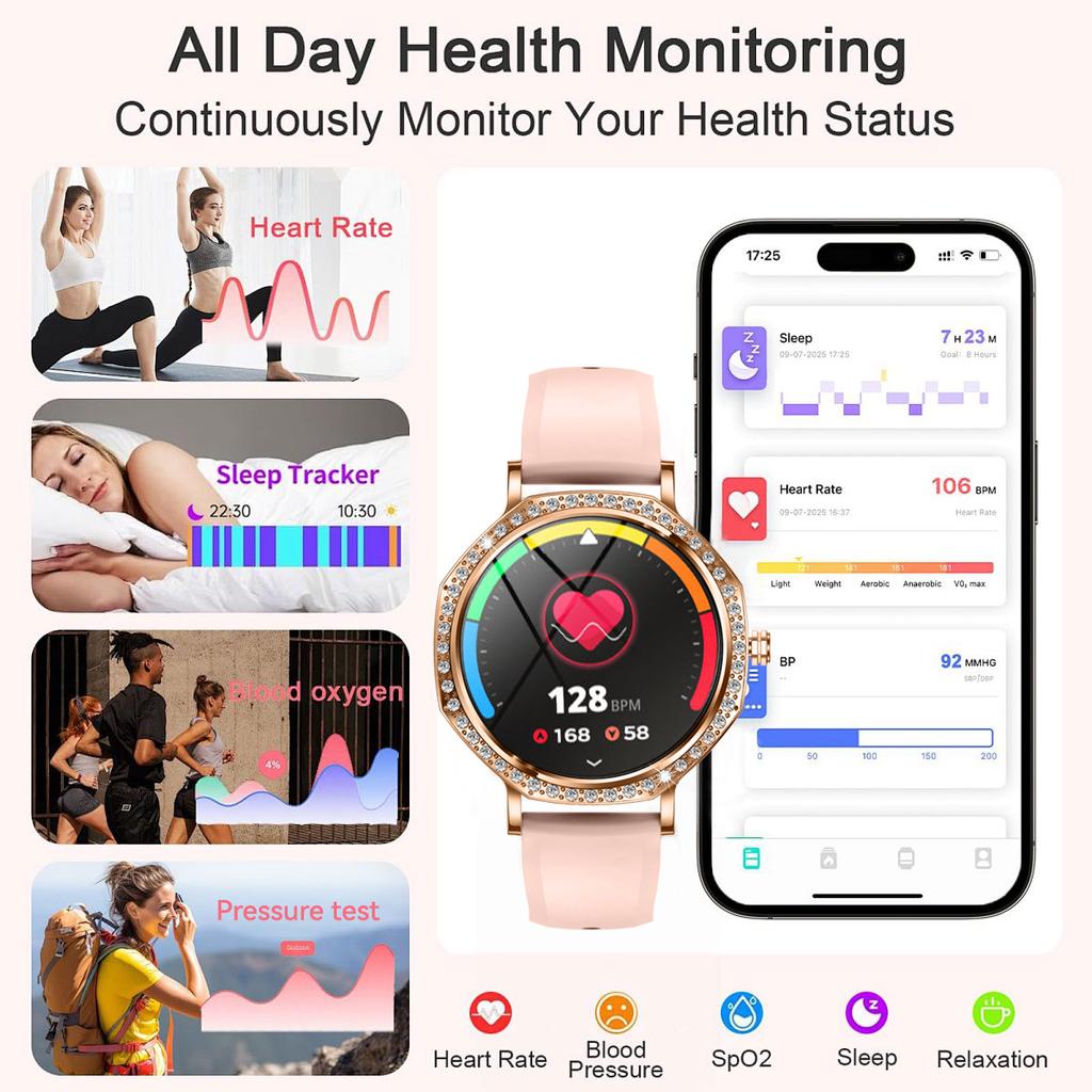 New Luxury Diamond Smart Watch For Women 8mm Ultra Thin Body Bluetooth Call Heart Rate IP68 Waterproof Smartwatch Rose Gold