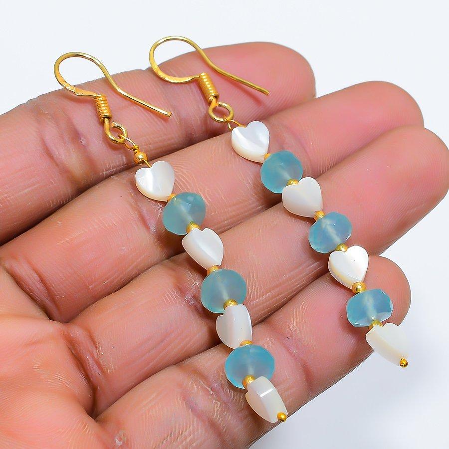 

Aqua Chalcedony, Pearl Gemstone 925 Sterling Silver Jewelry Earring 2.84 GK-4946