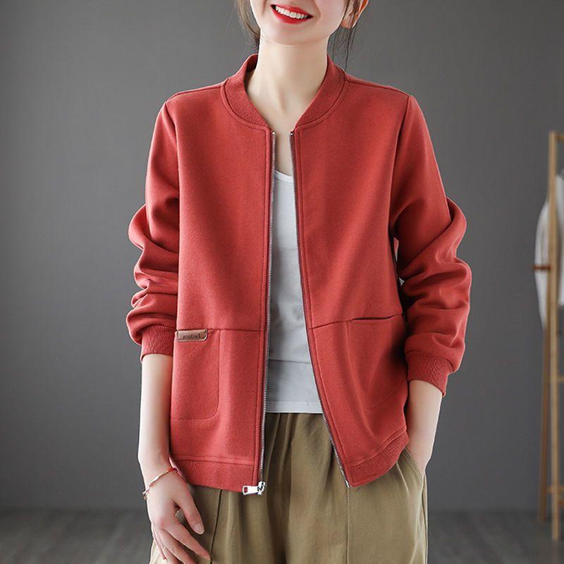 Women's Spring and Autumn Short Solid Color Jacket Loose Zipper Round Neck Casual Baseball Apparel