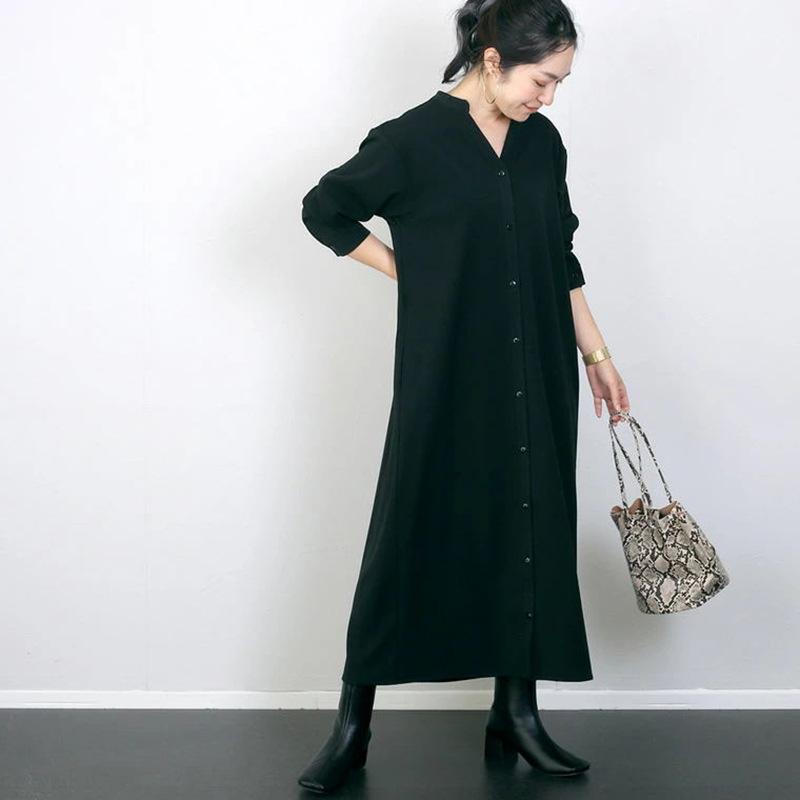 Autumn and Winter Shirt Base Dress for Women Solid Color Loose Casual V-neck Long Skirt for Outdoor Wear