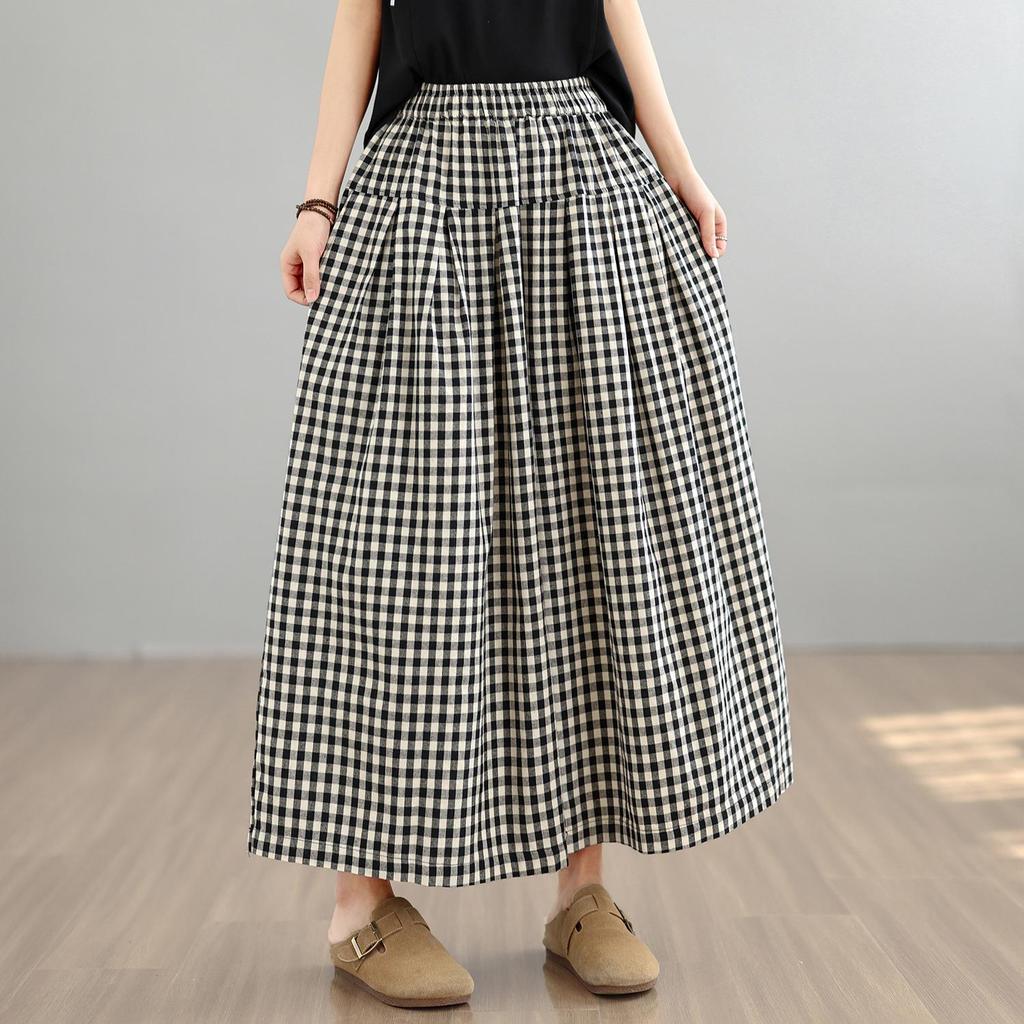 DIMANAF 2026 Summer Beach Plus Size Long Pants Women Elastic Waist Loose Vintage Casual Trousers Pants Print Plaid Bottoms