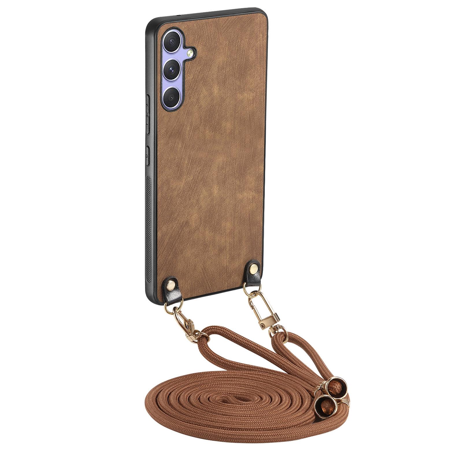 

For Samsung Galaxy A05s 4G Retro Leather Phone Back Cover with Adjustable Strap Brown