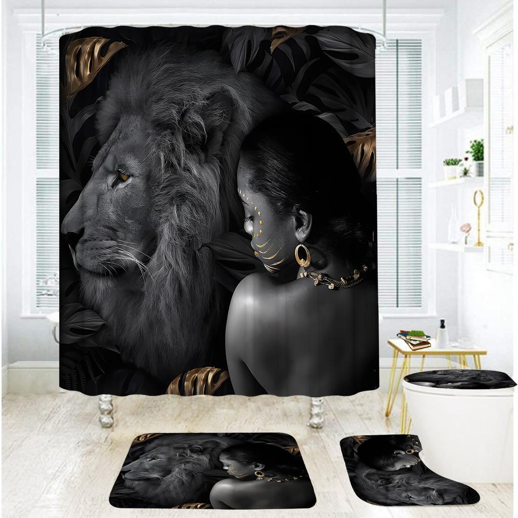 Bathroom Shower Curtain Four-Piece Digital Printing African Animal Waterproof Shower Curtain Shower Curtain Partition Curtain Bath Mat