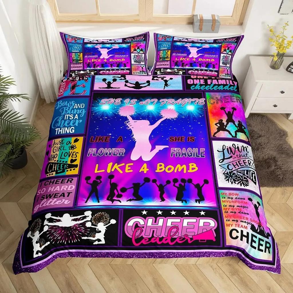 Cheerleader Duvet Cover Set Full Size,Girls Dancer Comforter Cover Geometric Checkered Bedding Set Girls Cheerleading Bedspread