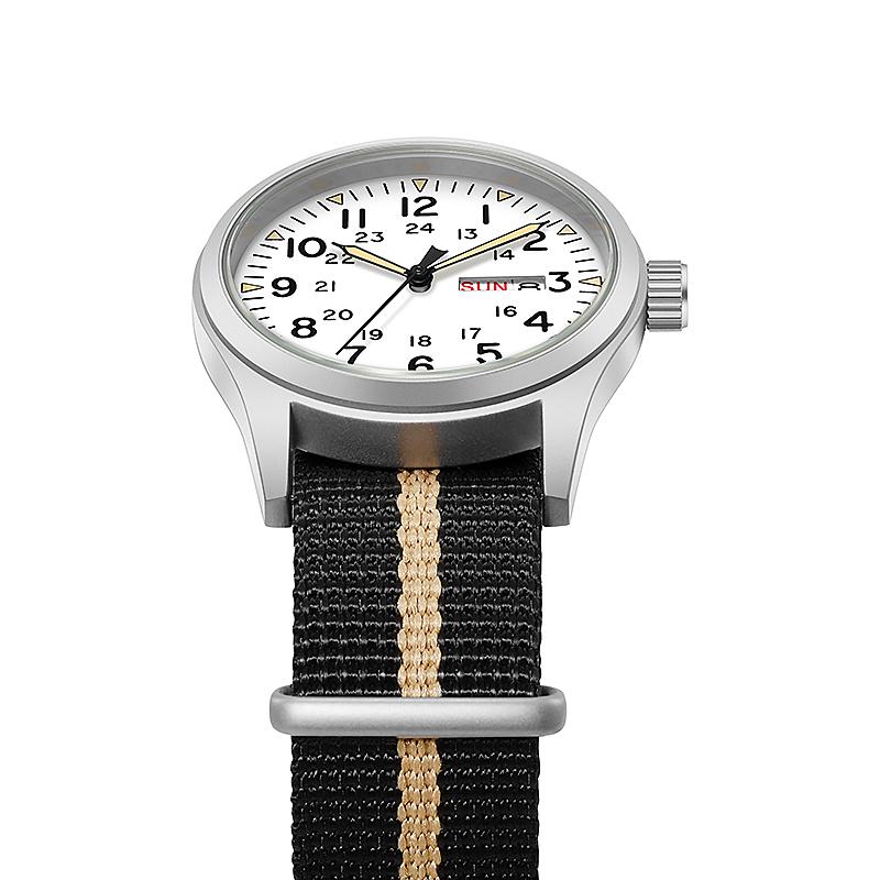 TPW Leuchtende 38mm Herren-Felduhr Leicht ablesbar Stoffarmband 24-Stunden-Anzeige Datum Wochentag Funktion Quarzwerk