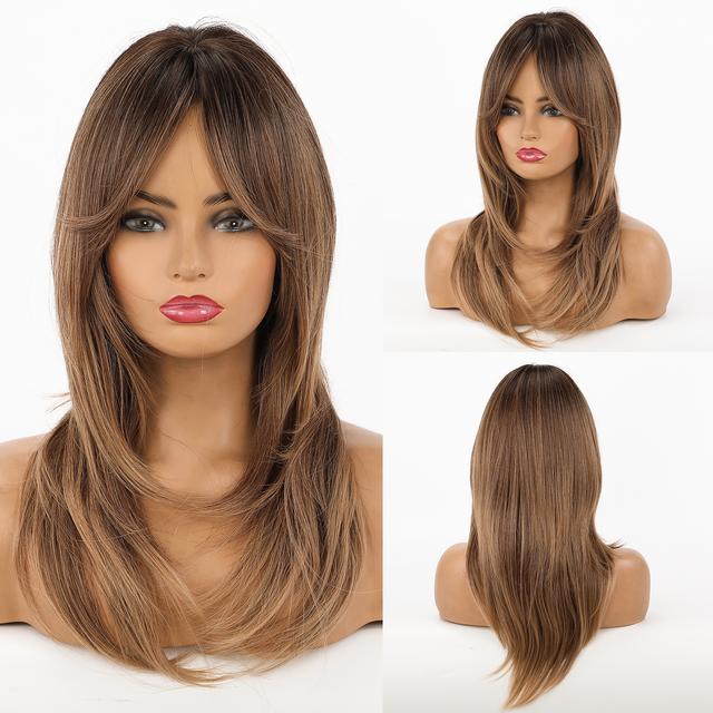 Synthetic Wigs Long Natural Wavy Wig Ombre Brown Golden Highlight Blonde Layered Hair with Side Bangs for Women Heat Resistant