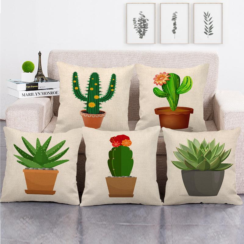 Cartoon Green Potted Cactus Digital Printing Short Plush Pillow Covers For Car Sofa Office Cushion Cover Home Goods 60X60Cm