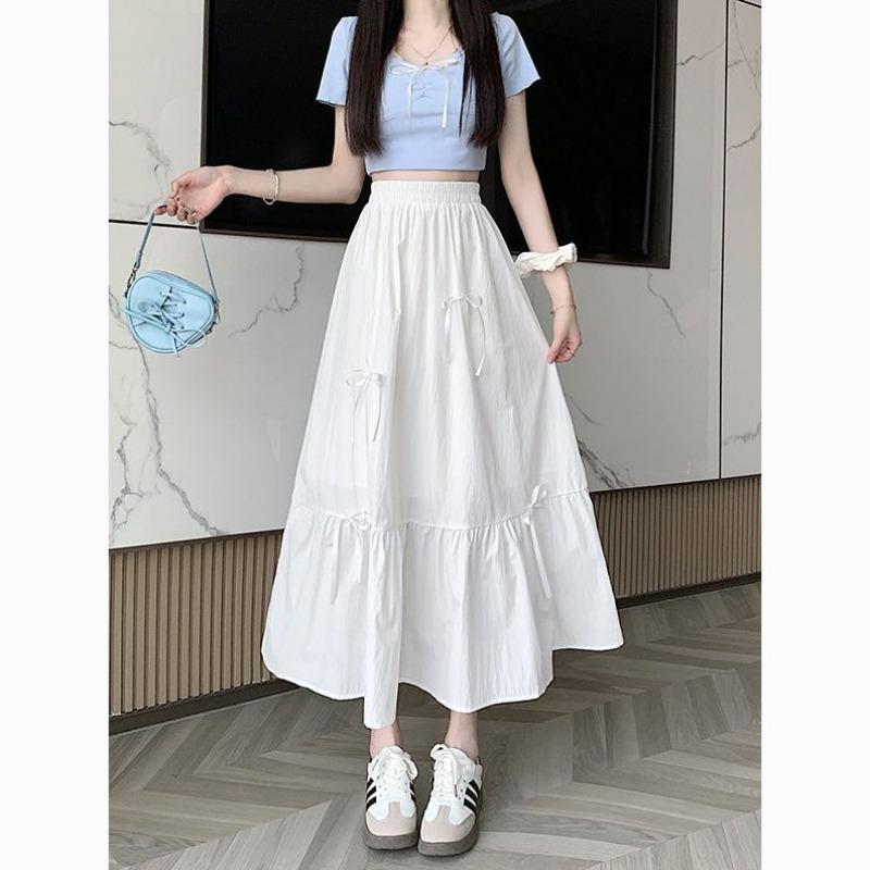 Women High Waist Tiered Maxi Skirt Elastic Waist A Line Long Skirt with Bow S белый