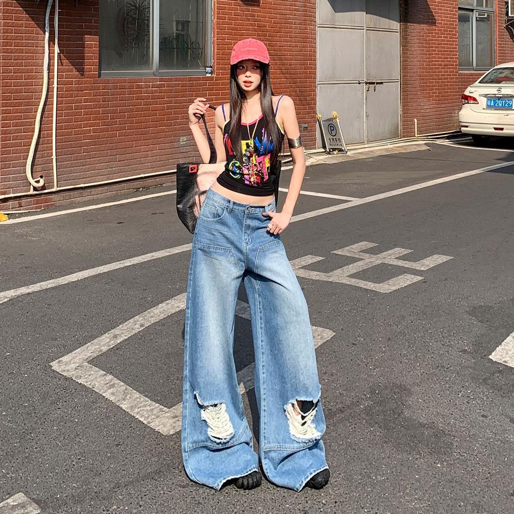 Spring Summer Sweet Street Hide Hip Lazy Ripped Wide Leg Denim Pants For Ladies Casual Pants Oversize Denim Trousers