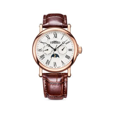 Time100 Multifunction Men's Watch Date Day Display 24-Hour Indicator Japanese Movement Black Leather Strap Rose Gold