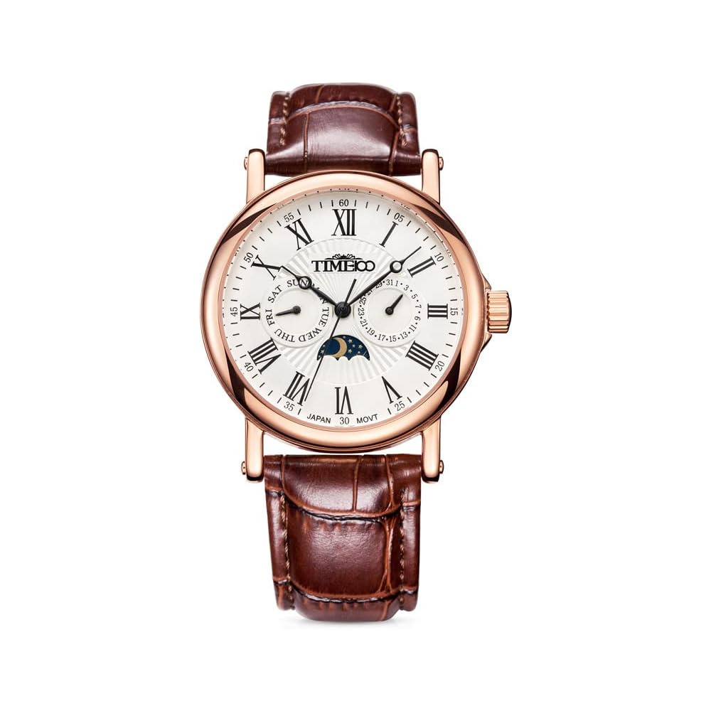 Time100 Multifunction Men's Watch Date Day Display 24-Hour Indicator Japanese Movement Black Leather Strap Rose Gold