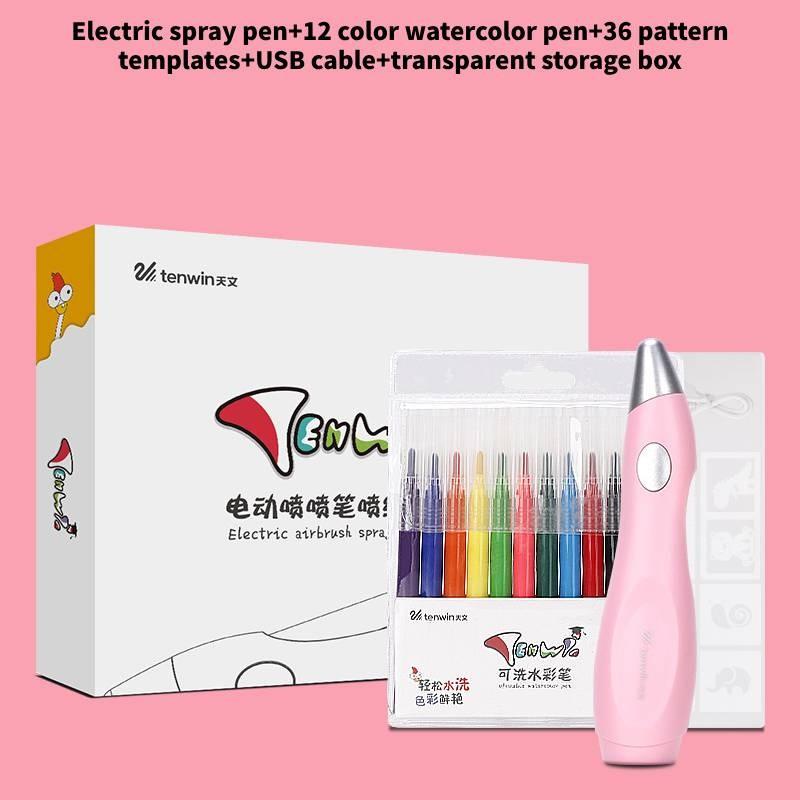 Paint Electric Spray Pen Airbrush Set Children 12 Felt Pens 19 Stencils Drawing