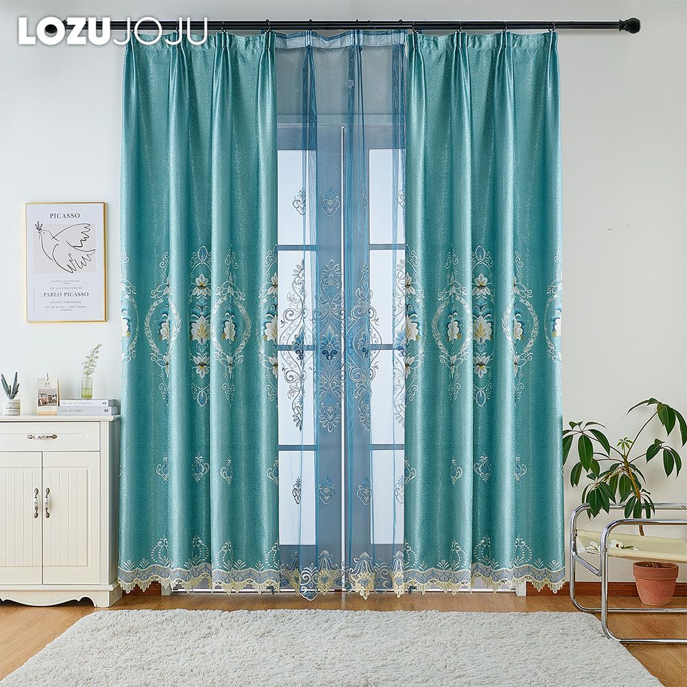 1PC Exotic Luxury Semi Blackout Blue Embroidered Blackout Curtains for Living Room Bedroom Home Decor LOZUJOJU