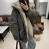 Women's Winter Patchwork Quilted Jacket with Mountain Eagle Design, Faux Rabbit Fur, and Thickened Cotton
