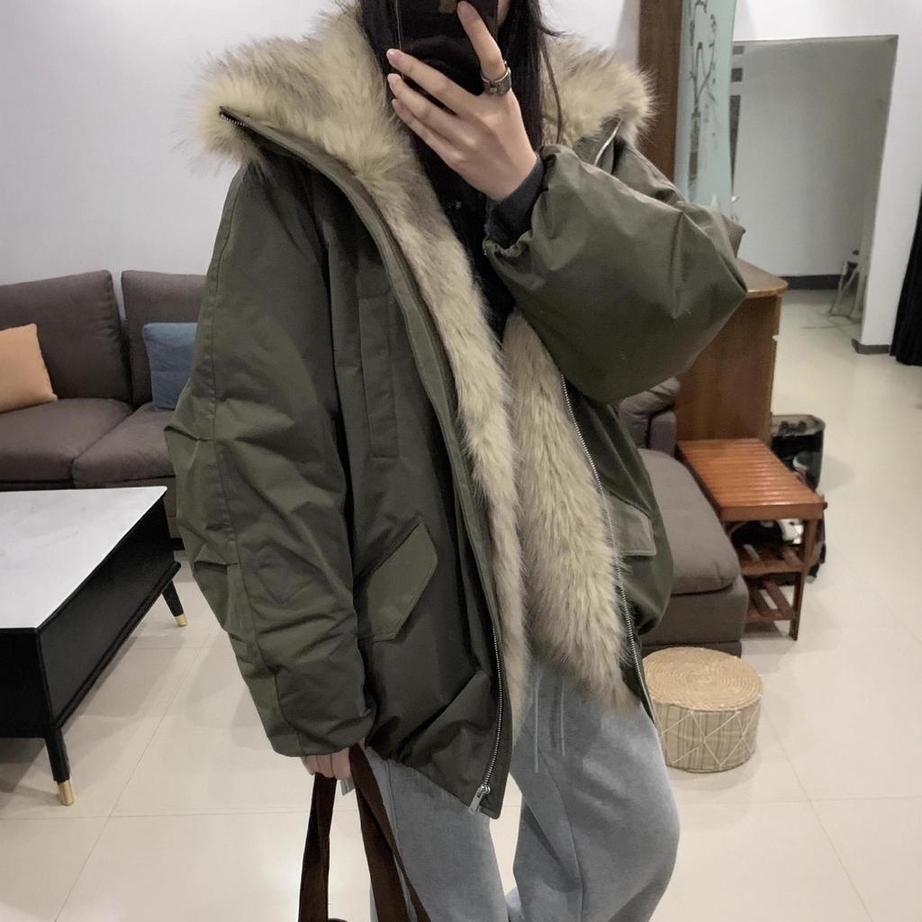 Women's Winter Patchwork Quilted Jacket with Mountain Eagle Design, Faux Rabbit Fur, and Thickened Cotton