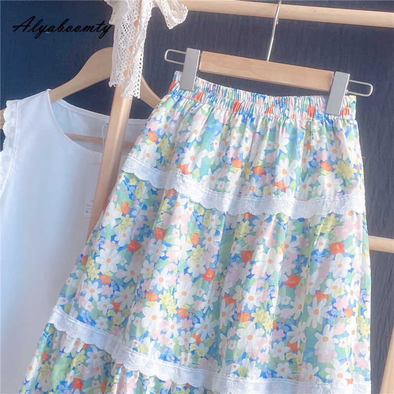 Mori Girl Sommar Kvinnor Blommig Semesterkjol Hög Midja Utskuren Lapptäcke Bomull Elegant Söt A-linjekjol