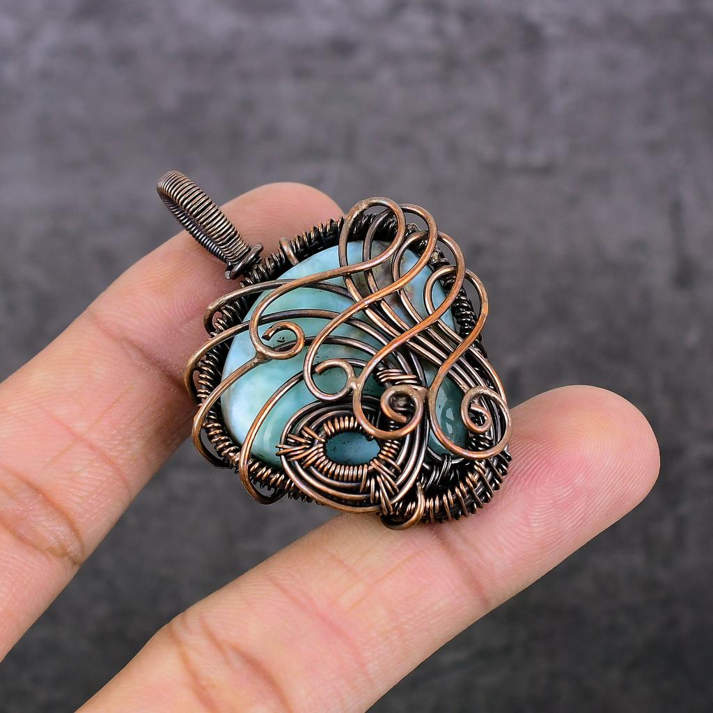 Larimar Handmade Copper Wire Wrap Jewelry Pendant 2.05" U4j06
