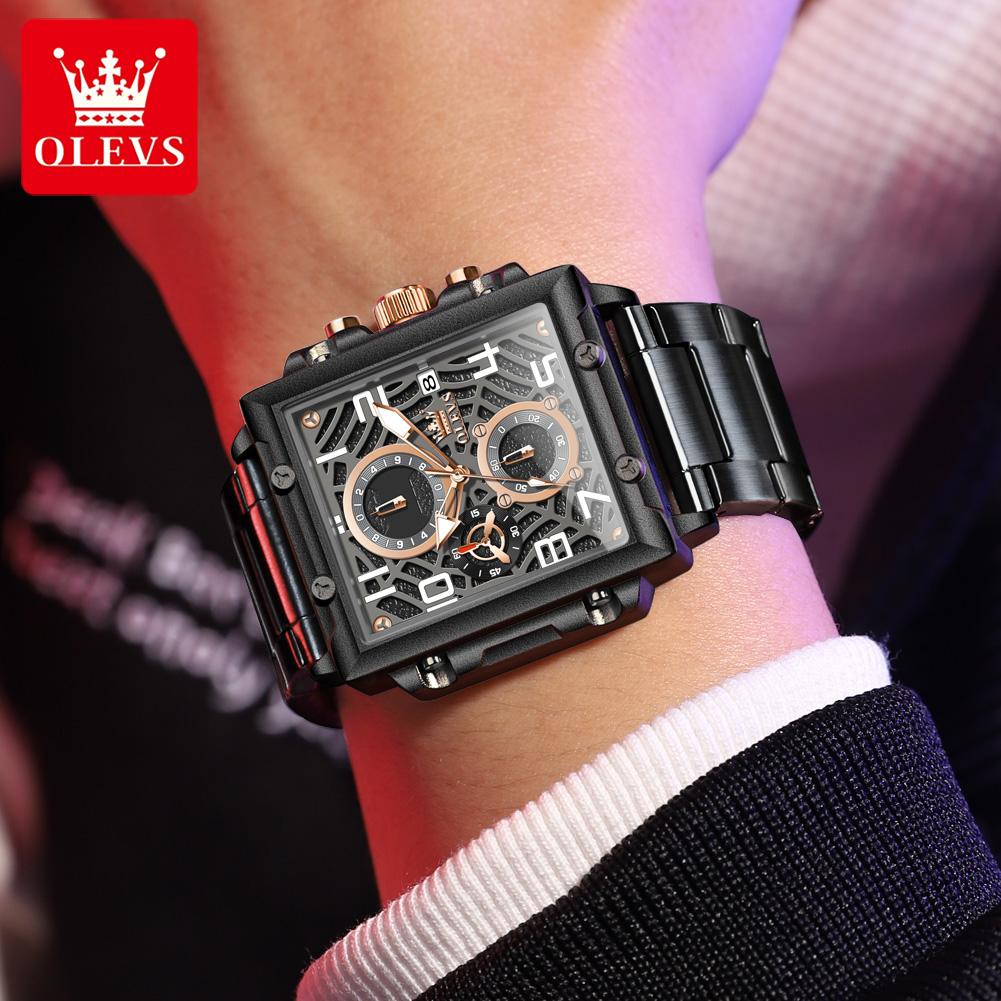 OLEVS Men's Watches Fashion Square Multi-functional Stainless Steel Quartz Watch for Men Classic Chronograph Sports Watches 2958