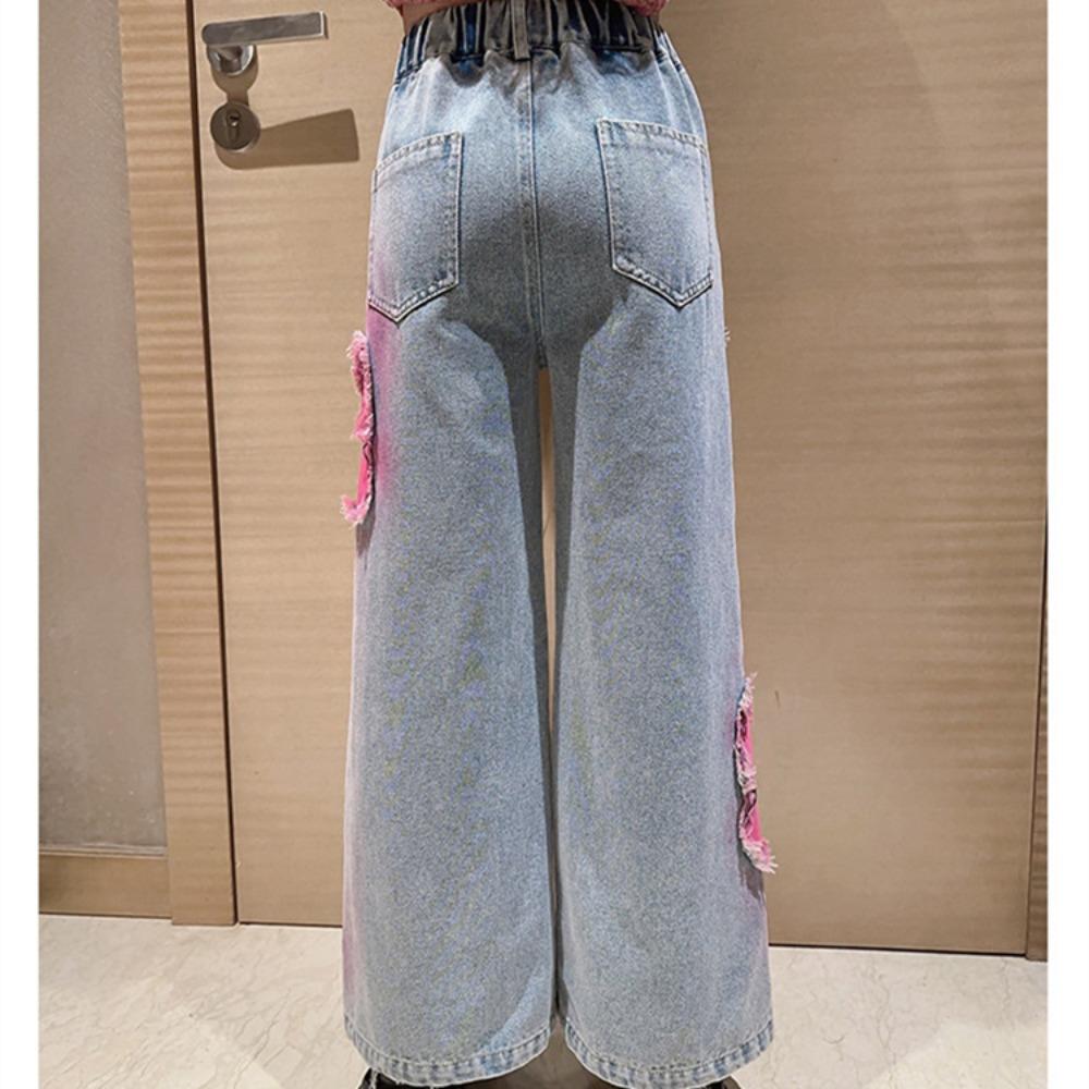 2025 Big Hot Deals Girls Fashion Spray-Painting Butterfly Denim Wide Leg Pants High Waist Korea Style Long Jeans Teens Trousers