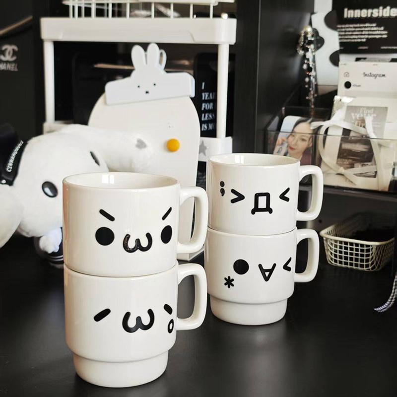 Ins Cute Expression Stackable Ceramic Mug, Minimalist White Coffee & Water Cup for Home Use