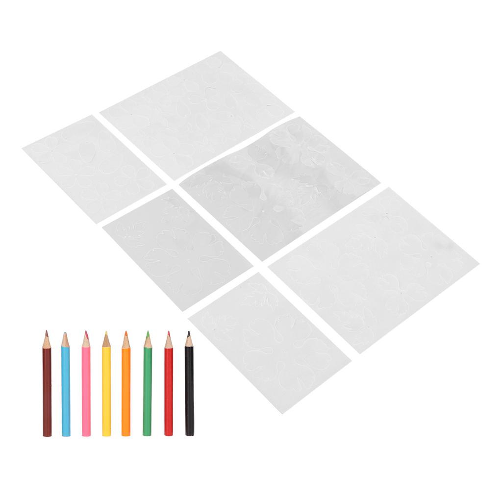 6 Sheet Flower Heat Shrink Paper with 8 Color Pencils Pre Cut Two Sides DIY BOPS Shrink Film Paper for Beginner
