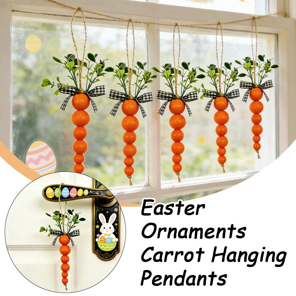 Wooden Easter Carrot Hanging Pendants With Bead String Ornaments For Spring Easter Party Farmhouse Home Decor Carrot Garland