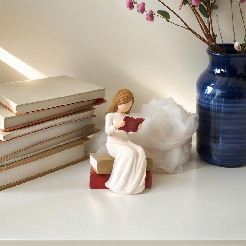 Reading Thinker Statue Reading Girls Figurines Sculpture Ornament for Home Office Bookshelf Decors Book Lover Gift