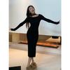 Retro neck knitted dress women's autumn and winter new Christmas dress black one-word shoulder slim and thin skirt