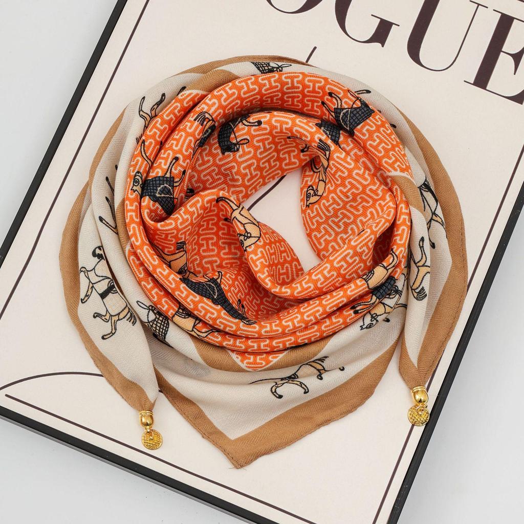 Women's 65" Silk Square Scarf with Magnetic Buckle – Autumn/Winter Print, Fashionable & Versatile Triangle Snood