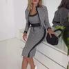 Chic Women's Slim Fit Three-Piece Set: Long-Sleeved Print Jacket, Vest, and Skirt