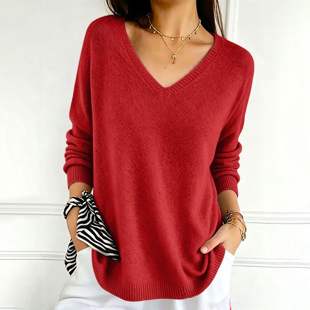 Women's Color V-Neck Long Sleeve Knit Sweater Casual Basic Lightweight Top for Daily Wear