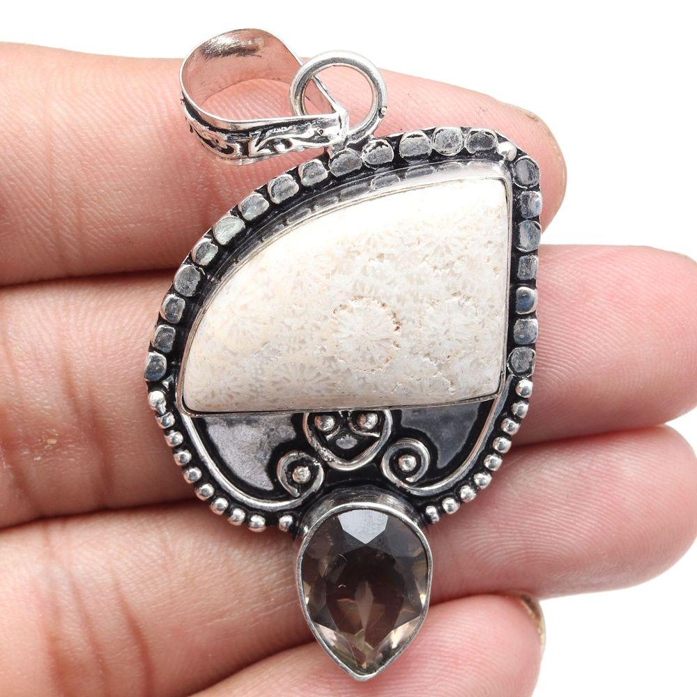 Pendant Fossil Coral Gemstone Gift For Her Silver Jewelry 2.25"