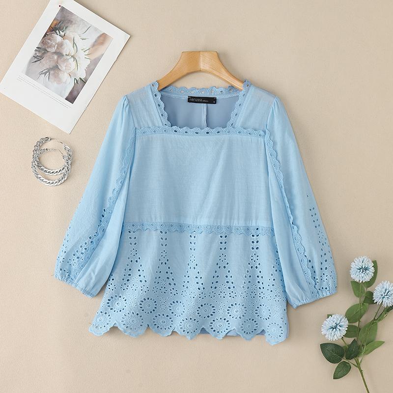 ZANZEA Women Square Collar Summer Hollow Embroidered Casual 3/4 Sleeve Blouse