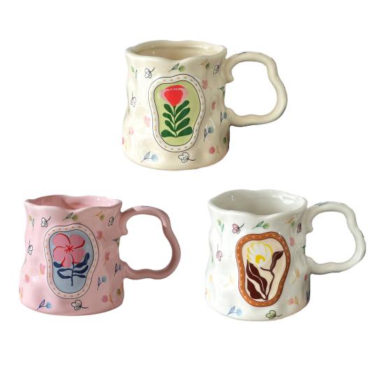 Ceramic Coffee Mug with Ergonomic Handle Irregular Floral Pattern Mug Dishwasher Safe Novelty Cup for Coffee Tea Milk