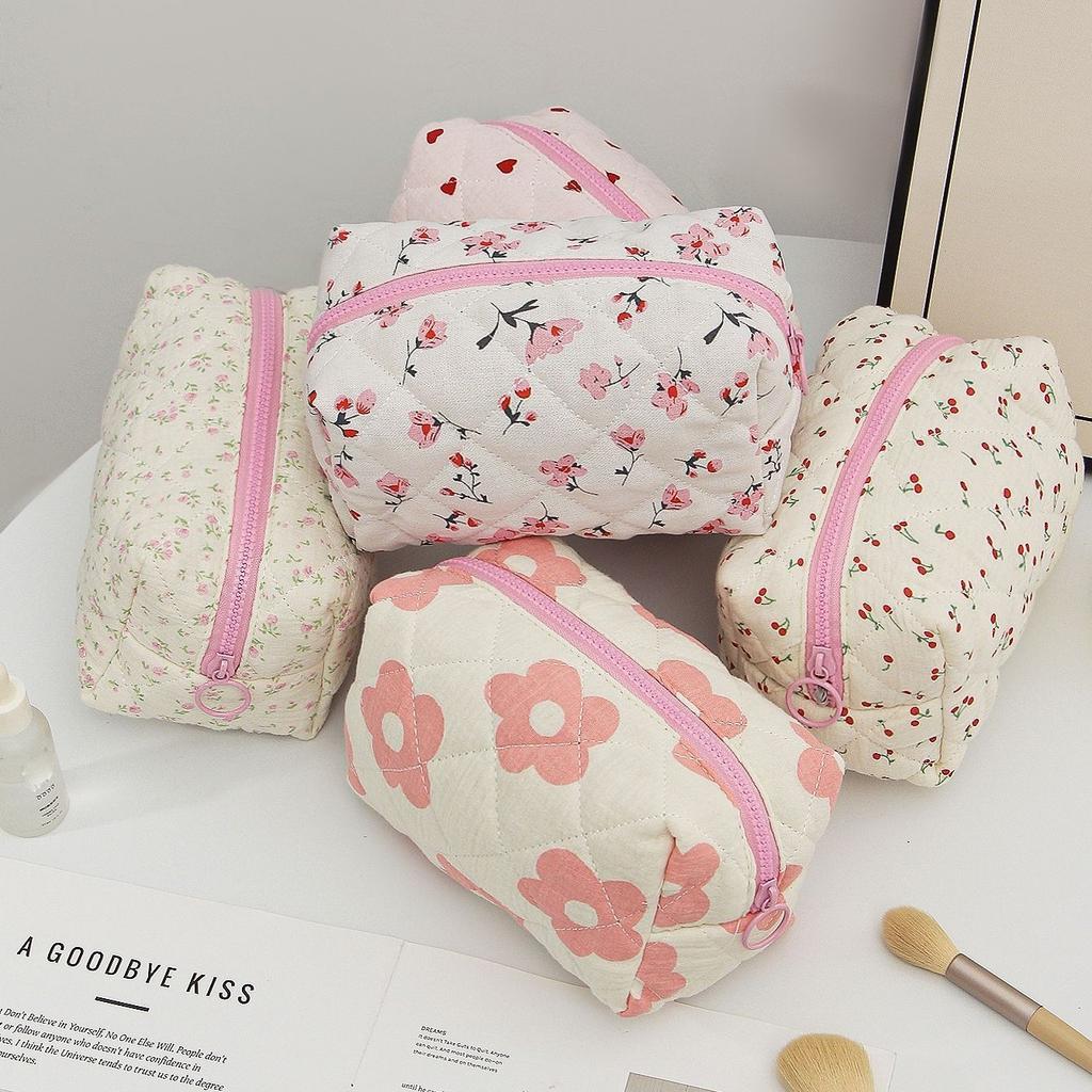Floral Heart Print Cotton Makeup Bag For Women Travel Large Capacity Cosmetic Storage Bag Wash Pouch Student Stationery Pen Bag