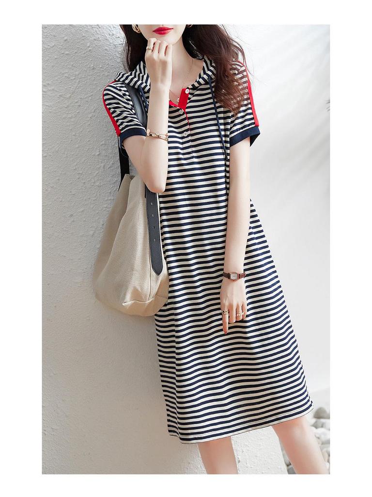 Women's Summer 2023 Elegant Striped Hooded Mid-Length Dress
