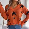 Women Casual Knit Pullover Sweater Long Sleeve V Neck Star Cut Autumn Winter