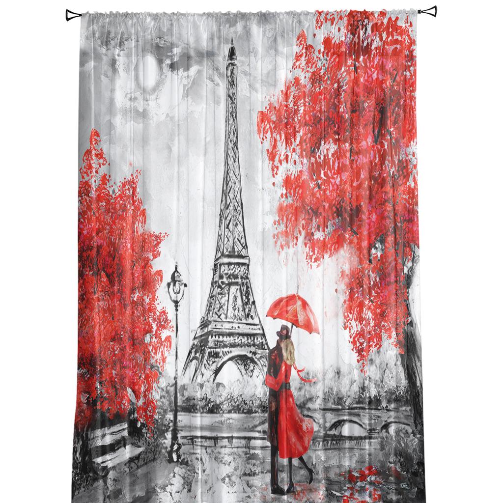Embracing Paris Autumn Maple Leaves Art Sheer Curtains for Living Room Decoration Window Curtains Kitchen Tulle Voile Curtains