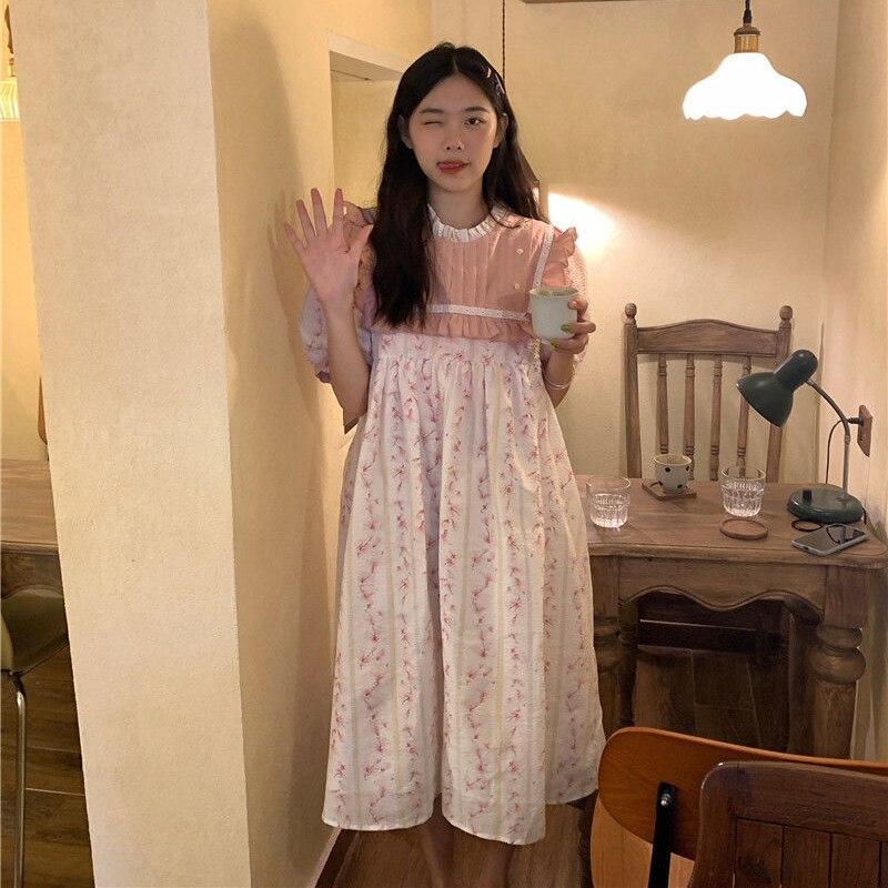 Dress Women A-line Lovely Girls Causal Students All-match Girlish Puff Sleeve Patchwork Sweet Female Design O-neck Ulzzang Chic