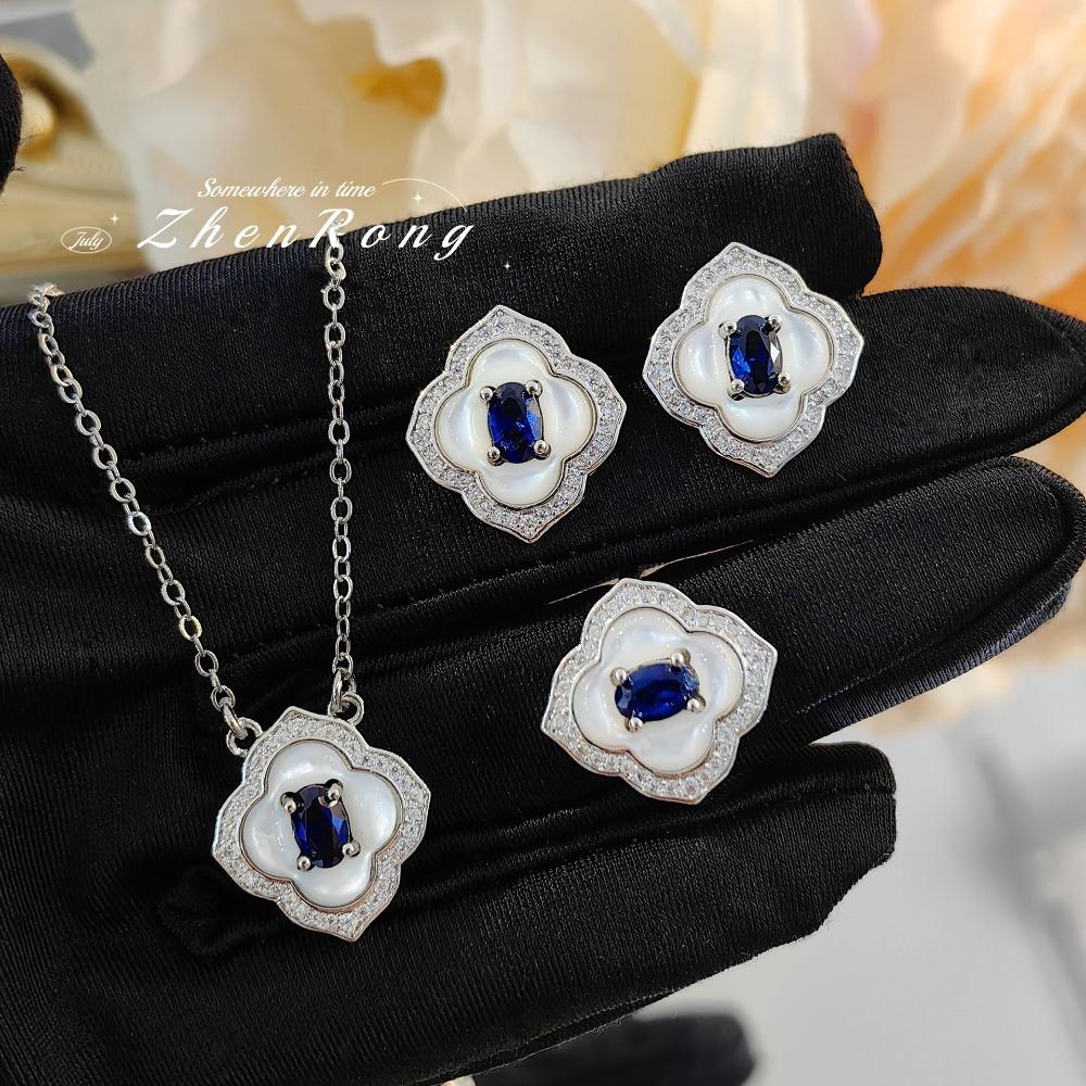 Luxury Women Jewelry Set Blue Spinel Earrings High Carbon Diamond Ring Clover Shell Pendant Necklace