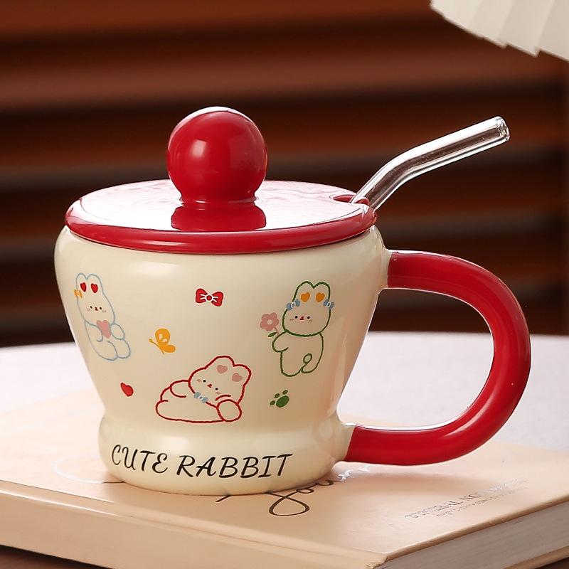 Kreativní ručně štípaný roztomilý králíčí hrnek s víkem, slámový kelímek na mléko, praktický keramický hrnek na vodu pro domácnost, pitná voda