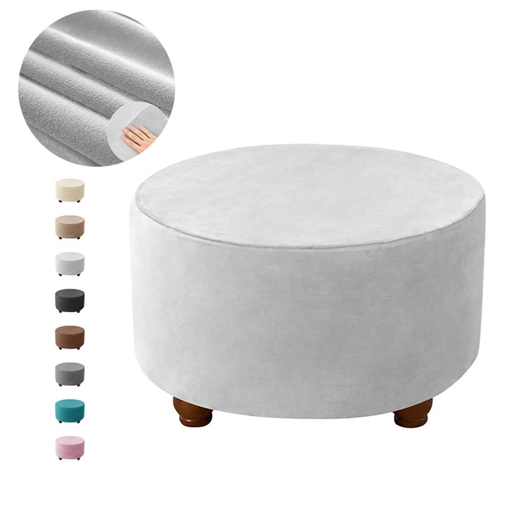 Velvet Round Ottoman Stool Cover Elastic Sofa Footrest Cover Washable All-Inclusive Footstool Seat Slipcover Furniture Protector