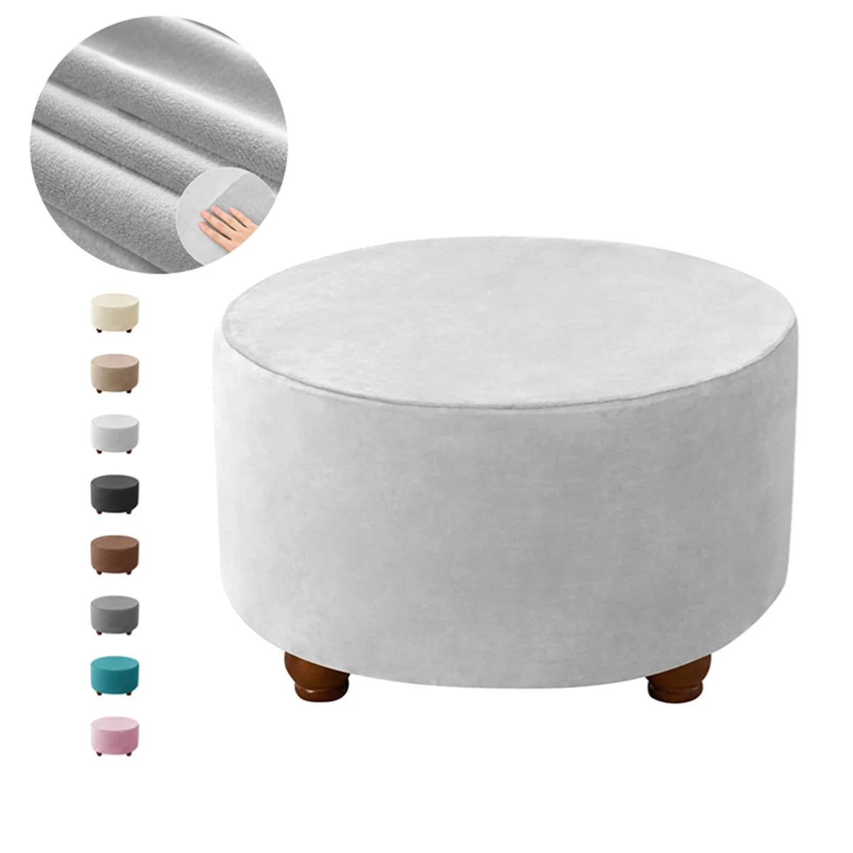 Zachte Velours Ronde Poefhoes Elastische All-Inclusive Voetenbankhoes Voor Woonkamer Slaapkamer Stoelbeschermer M