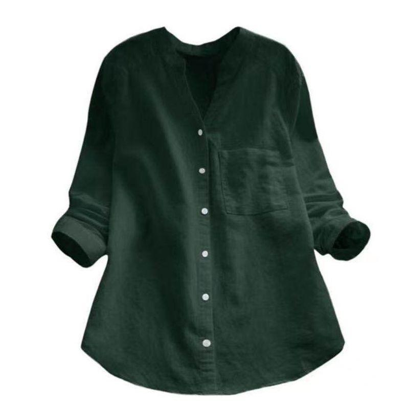 Hot Sale Women s Tops New Style Cotton Linen Solid Color Long Sleeve Plus Size Casual Loose Shirt Plus Size Women s Clothing Green 2XL