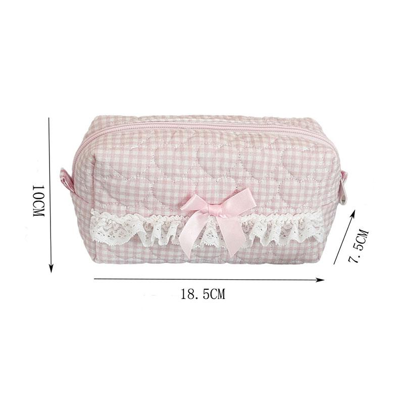 Cute Pink Striped Lace Makeup Pouch Aesthetic Ins Style Makeup Bag for Girls Teens Cosmetic Organizer Kawaii Pencil Case