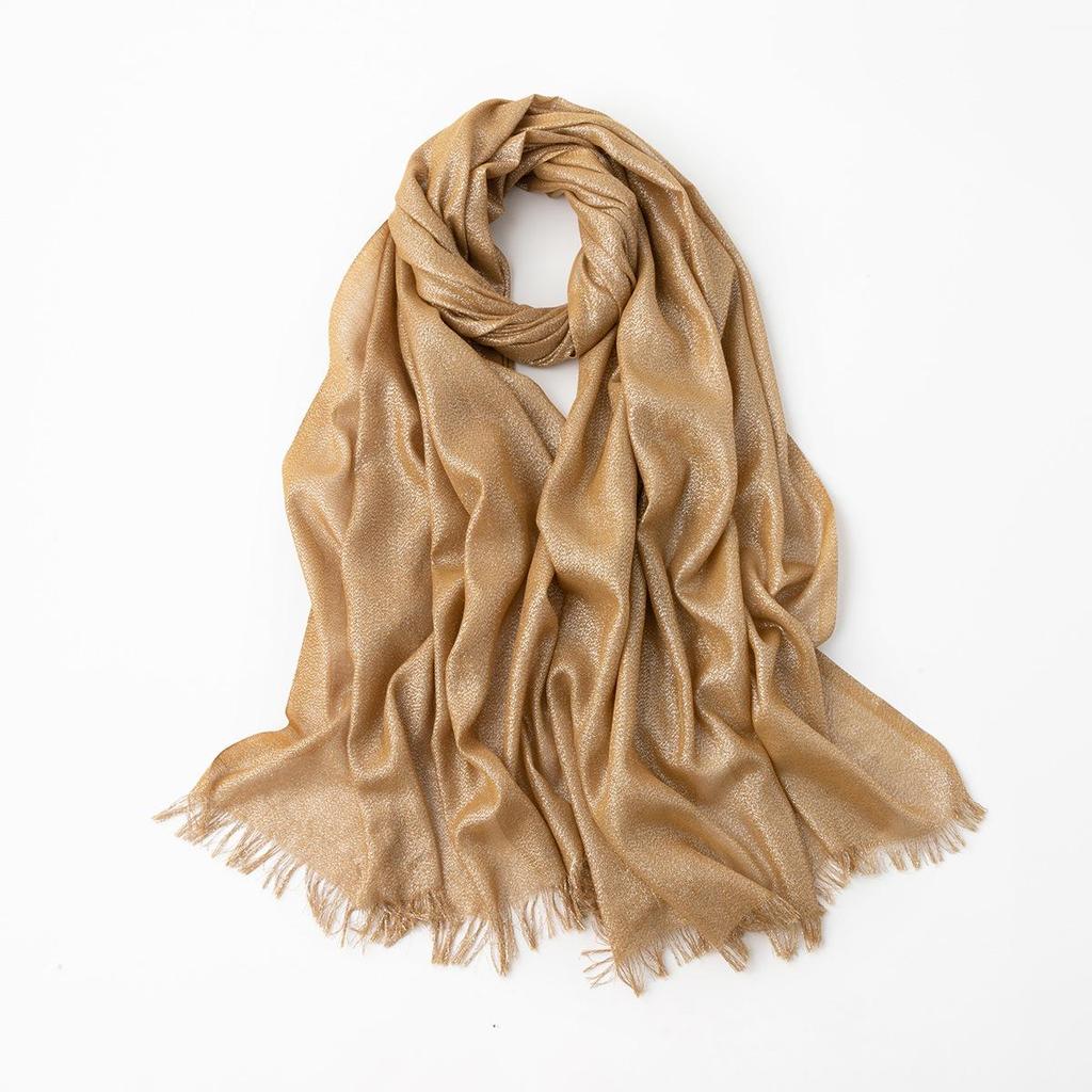 Women's Silk Scarf: Pure Color Long Headscarf with Gold and Silver Threads