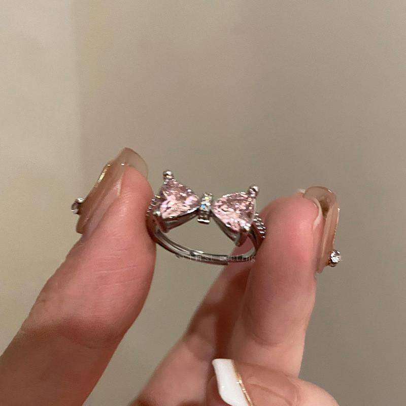 Stylish Bow Pink Knot Adjustable Open Ring For Women With Dazzling Gemstones Zirconia