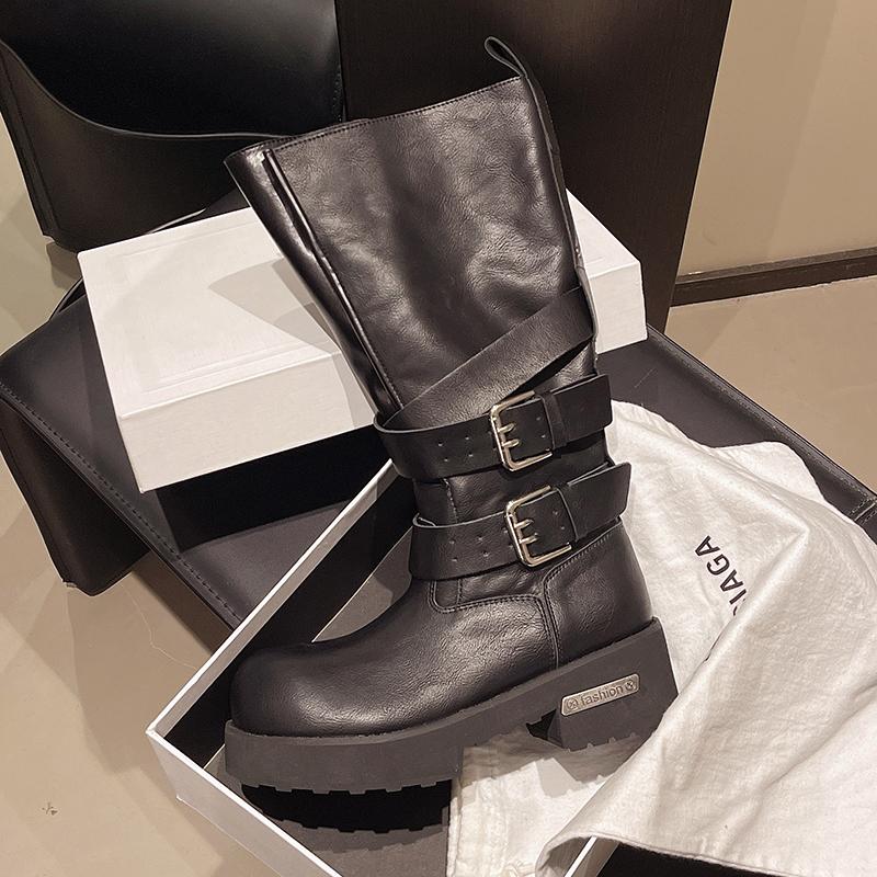 Fashion Brand New Buckle Strap Wasteland Vintage Black Knee High Motorcycle Boots Maillard stylecTrouser Leg Boots Women Shoes Size 42