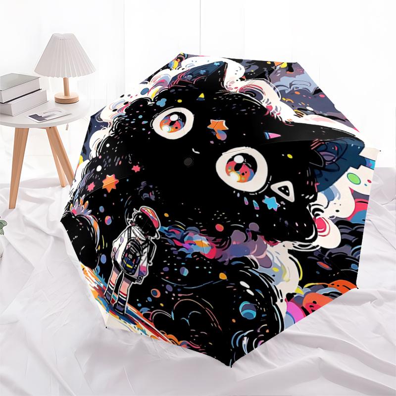 

1pc Giant Colorful Black Cat Pattern Automatic 3-Fold Cartoon Umbrella, 8 Iron Frames, High-Value Folding Umbrella, Suitable for Office, Travel and Ou